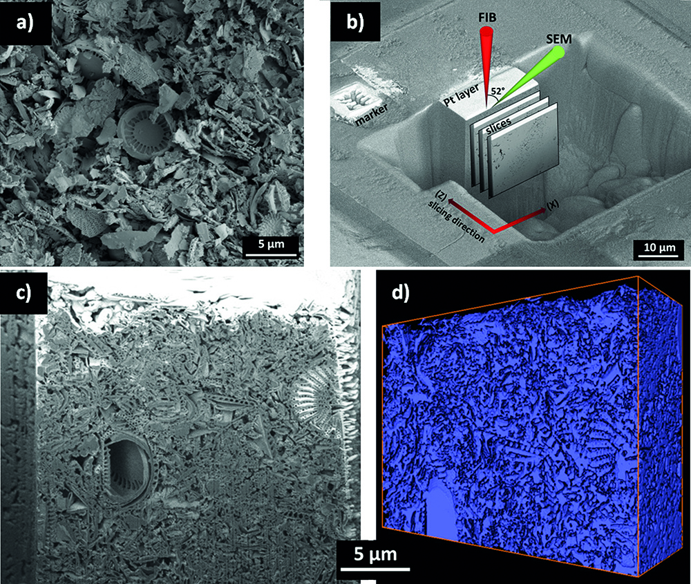 Hình 1: Cảnh chạm cắt và hình ảnh chụp cấu trúc khoáng vật có lỗ rỗng (porous geological materials) bằng FIB-SEM, minh họa khả năng phân tích chi tiết hàm lượng và cấu trúc vi mô trong địa chất.